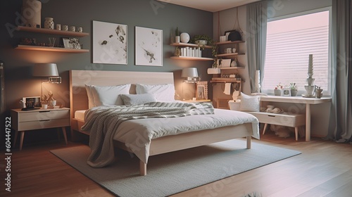 Elegant room interior with large comfortable bed