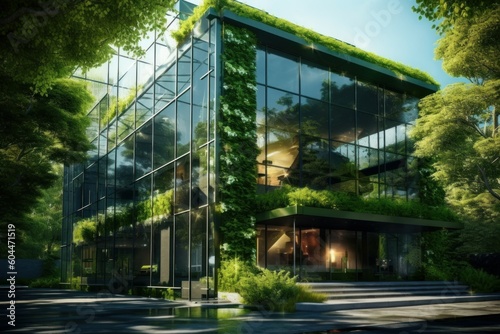 Eco-friendly glass business building with natural landscaping. AI generated, human enhanced