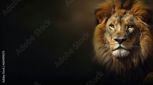 Head of aggressive lion looking lateral with copy space for advertisement. Space background for banner text. Generative AI