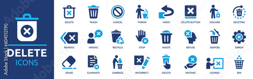 Delete icon set. Containing trash, delete button, cancel, undo, throw and remove icons. Solid icon collection. Vector illustration.