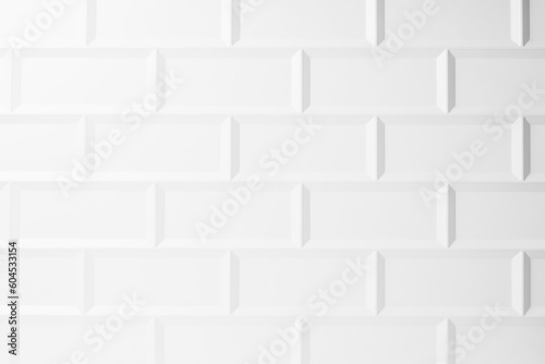 White abstract background of glossy ceramic rectangle tile, pattern, top view. Classic mosaic texture of porcelain tile for pool, bathroom, kitchen, toilet.