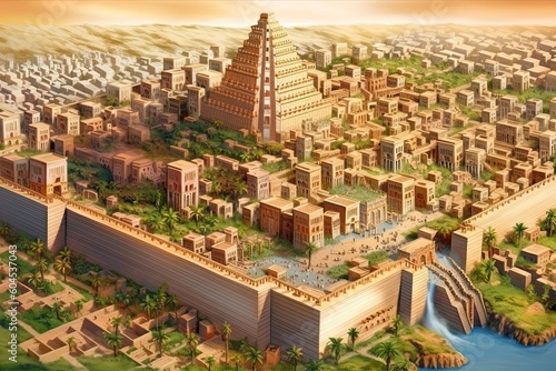 Ancient Babylon town with famous Babel tower, Generative AI