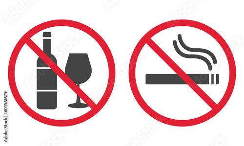 No drink, no smoking poster. Forbidden pictogram. Red stop circle symbol. No allowed sign. Prohibited zone. Vector illustration isolated on white background