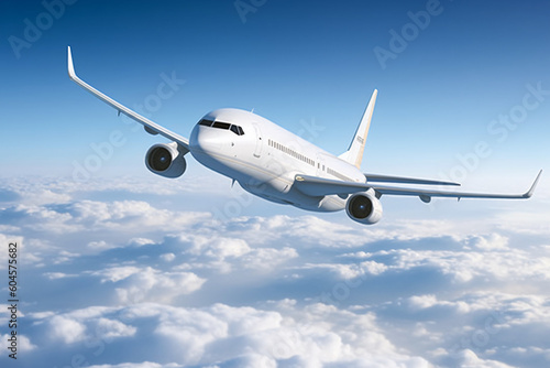 airplane in the clouds - airplane flying above the clouds, travel concept, aircraft jet plane in blue sky