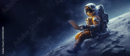 Astronaut in space with a laptop. Banner, copy space. AI generation