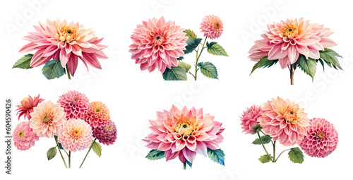 Set of watercolor dahlia flowers. Generative Ai