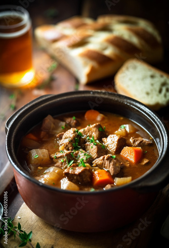 Traditional Irish stew in a bowl with bread. Stew of lamb, potatoes, onions, carrots, and thyme. Traditional dish of St. Patrick's Day. AI Generative.