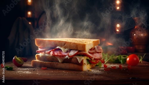 Cheese and bacon sandwich on a dark background 