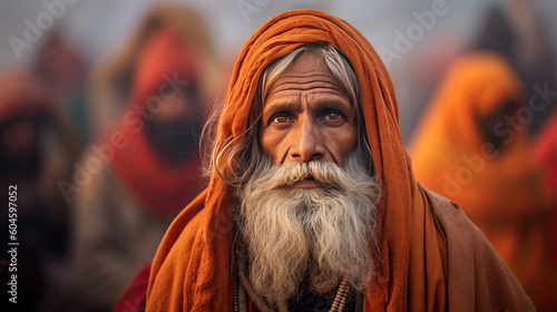 Holy Sadhu men with traditional painted face. Generative AI