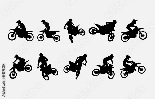 set of silhouettes of motocross riders with different poses, moves, styles. isolated on white background. graphic vector illustration.
