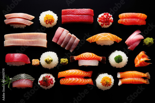 Sushi Symphony: Deconstructed Masterpiece of Vibrant Fish Slices. Generative Ai