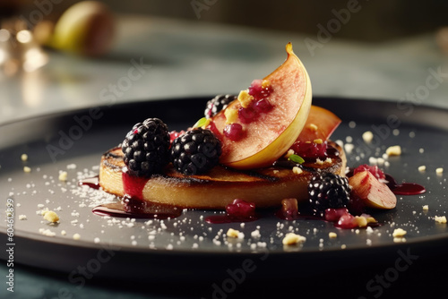 Exquisite Delights: Seared Foie Gras with Red Fruits, a Gourmet Dish of Michelin-Starred Restaurant. Culinary Artistry at its Finest AI GENERATIVE