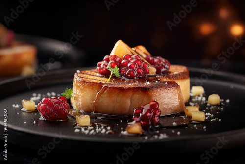 Exquisite Delights: Seared Foie Gras with Red Fruits, a Gourmet Dish of Michelin-Starred Restaurant. Culinary Artistry at its Finest AI GENERATIVE