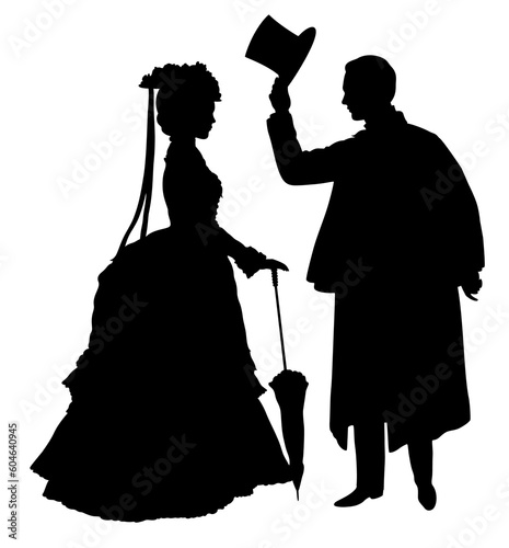 Profile silhouettes of young standing couple in victorian dress in which the man takes off his top hat in front of the woman.