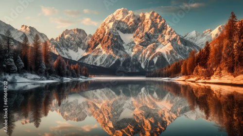 A tranquil lake surrounded by mountains, with a clear reflection on the water