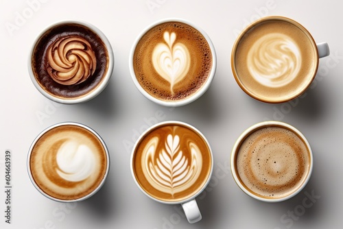 Generative AI collection mix a cup cappuccino latte more motive top view Food Photography