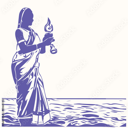 Woman dressed in a sari carrying out a religious ceremony whilst standing in the River in India line art vector