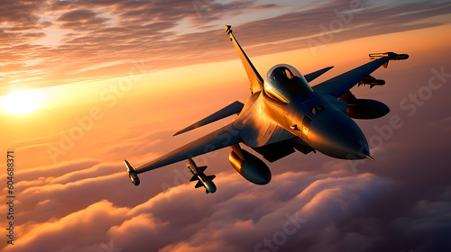 Air force fighter in the sky at sunset