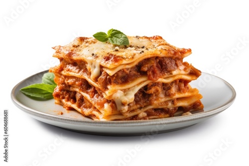 Delicious Plate of Beef Lasagna with Tomato Sauce on a White Background Generative AI