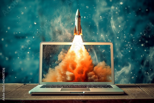 Rocket launching out of a laptop, symbolizing the power of digital innovation. Ai generated