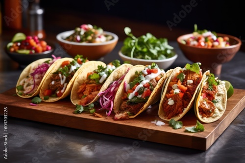 Traditional Mexican tacos with meat and vegetables on a wooden board served with sauces. Generative AI