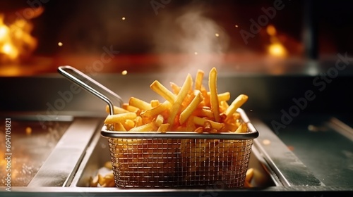 French fries is cooking into deep fryer at kitchen. Generative AI