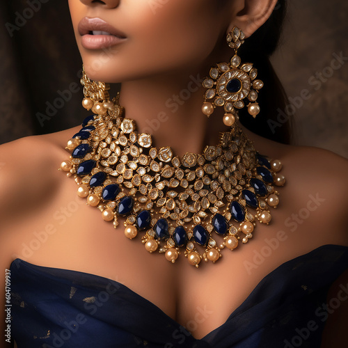 Beautiful sapphire necklace with perls and diamonds on tanned woman neck, ai generative
