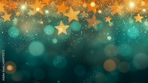 Vibrant abstract composition of stars, glittering lights and bokeh in warm orange and green gradient, celebratory atmosphere with effect of fireworks display sense of wonder and festivity.