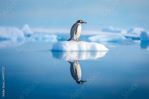 Pingouin, manchot, sur un bloc de glace détaché de la banquise, fonte des glaces, réchauffement climatique - Générative IA