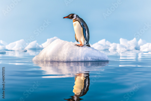 Pingouin sur un bloc de glace détaché de la banquise, fonte des glaces, réchauffement climatique - Générative IA