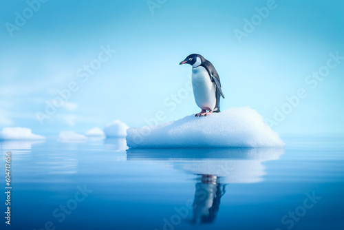 Pingouin sur un bloc de glace détaché de la banquise, fonte des glaces, réchauffement climatique - Générative IA