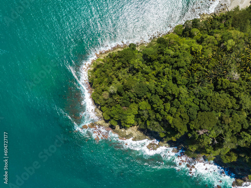Aerial drone top down photo of tropical seascape and sandy beach with turquoise clear waters and pine trees