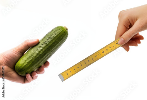 The Great Debate. Explore the concept of "Does size matter" with an image of a hand holding an cucumber and a ruler. emojis. Copy space. Comparative male comparisons analysis AI Generative