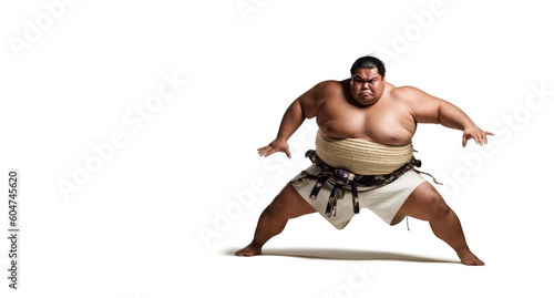 Powerful Sumo Artistry. Witness the grace and strength of a sumo fighter performing poses, isolated on a pristine white background. Copy space. Martial arts excellence AI Generative