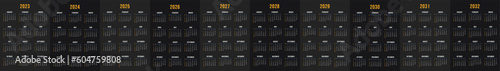 Black calendar set for 2023, 2024, 2025,2026, 2027, 2028, 2029, 2030, 2031, 2032 years. One Page Editable Vertical Vector Calendar for Night theme or mode.