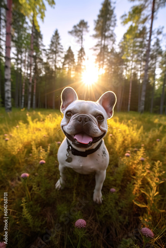 Happy little dog in the spring forest with meadows, sun rays flare. Generative AI.