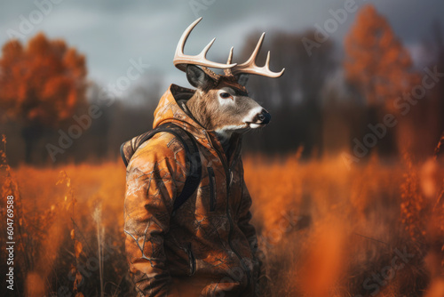 Buck deer in camouflage during fall hunting season, Generative AI
