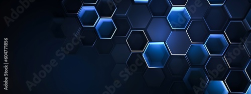 Abstract futuristic digital geometric technology hexagon background banner illustration - Dark blue glowing hexagonal 3d shape texture (Generative Ai)