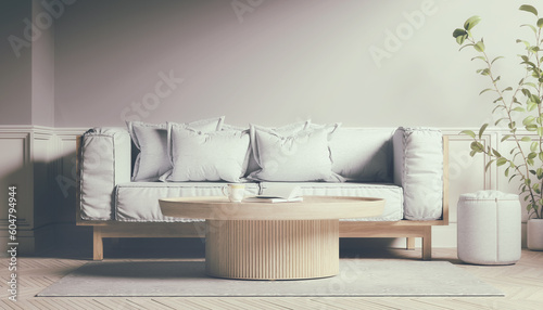 3d Illustration - Skandinavisches, nordisches Wohnzimmer mit einem Sofa und einem Tisch. - Textfreiraum - Platzhalter - Retro Look
