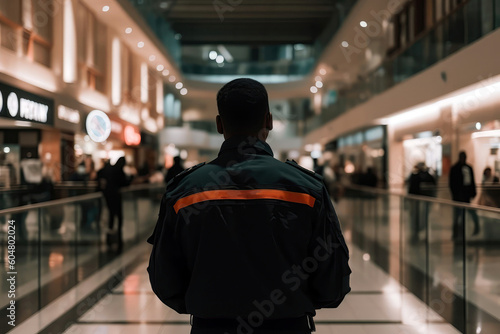 Security Guard In Black Stands With His Back To An Outoffocus Mall. Generative AI