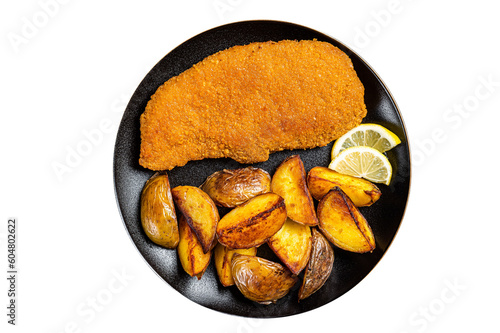 Roast pork schnitzel with fried potato, cooked meat steak. Isolated, transparent background.