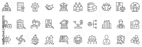 Set of line icons related to governance, management, gov. Outline icon collection. Editable stroke. Vector illustration