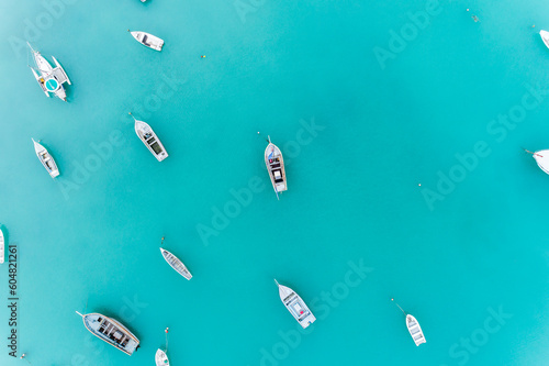 Aerial view of the top of the boat on the sea.