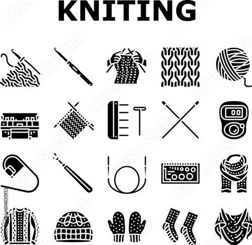 knitting wool thread knit craft icons set vector. textile fabric, yarn handmade, crochet sweater, knitwear fashion, warm cloth cotton knitting wool thread knit craft glyph pictogram Illustrations