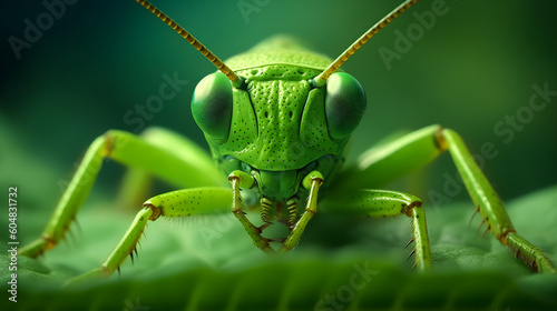 Close-up of a green grasshopper with green leaf background. Wildlife animals. Generative AI.