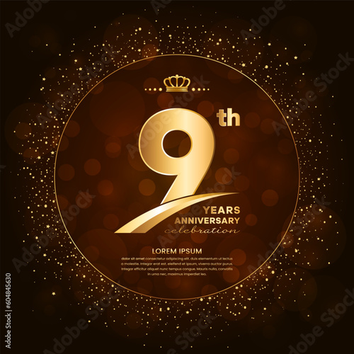 9th anniversary logo with gold numbers and glitter isolated on a gradient background