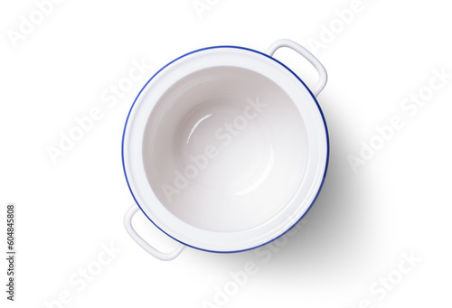 White ceramic cooking pot or saucepan isolated on white background with clipping path, top view, flat lay.