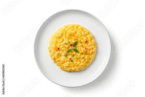 Top View Risotto Milanese On White Round Plate On White Background. Generative AI