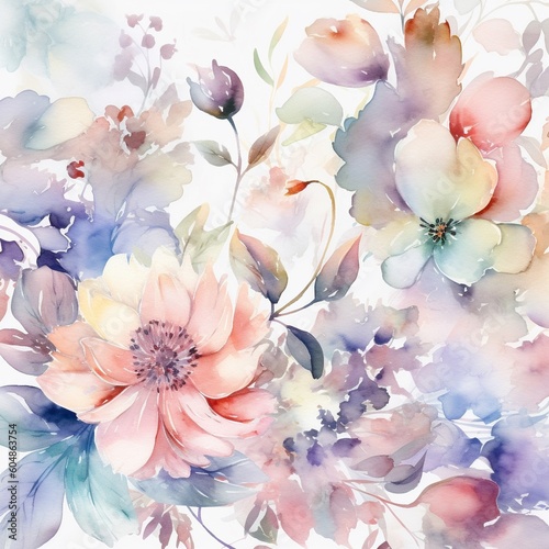 Seamless summer pattern with watercolor flowers. Illustration. Generative AI.