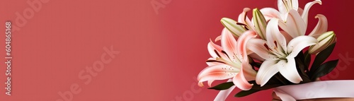 Wide Frame Side Bouquet Of Lilies In Hand With Ribbon Red Banner Background. Generative AI